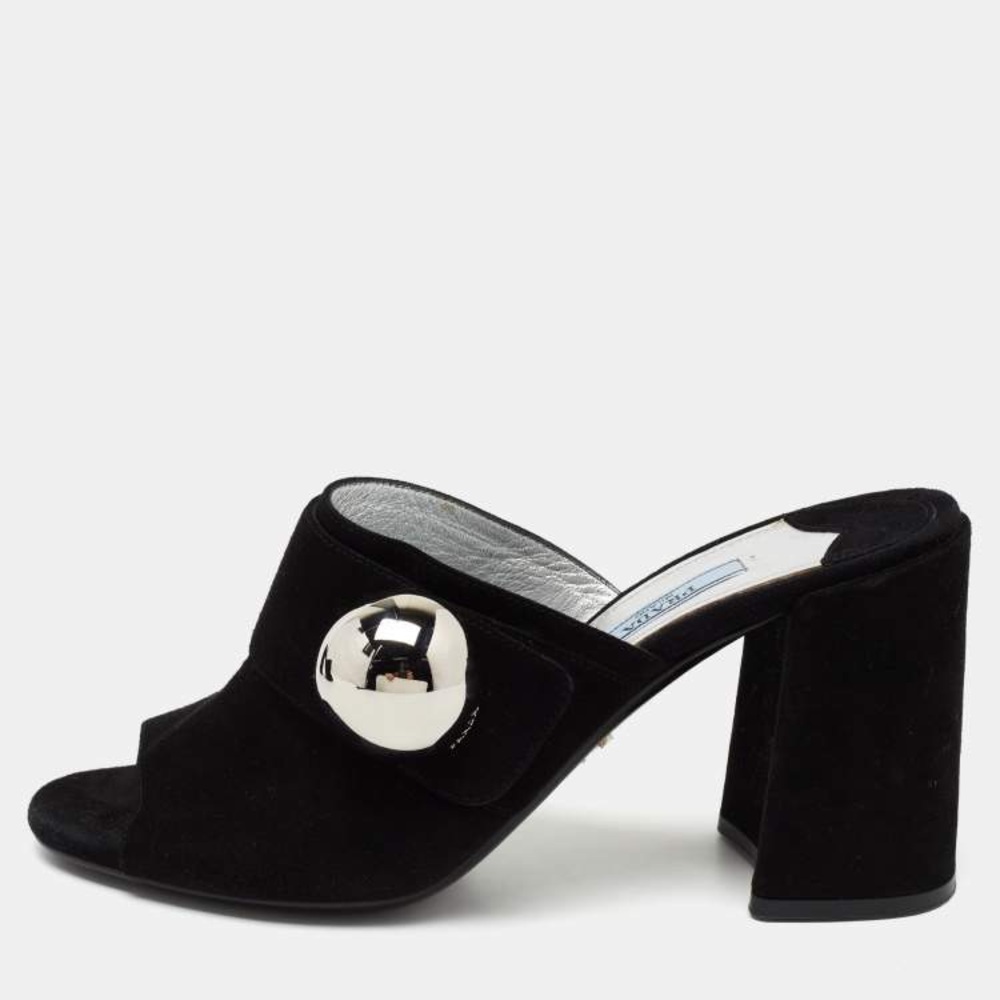 Prada Black Suede Open-Toe Mule with Silver Sphere Accent